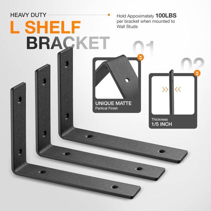 BATODA Pack 6 - 10â€L Heavy Duty Shelf Brackets - L Shelf Brackets Black - Hook Brackets for Floating Shelves - Wall Mounted Support for DIY Open Shelving â€“ Shelving Mounting Hardware Included - Image 4